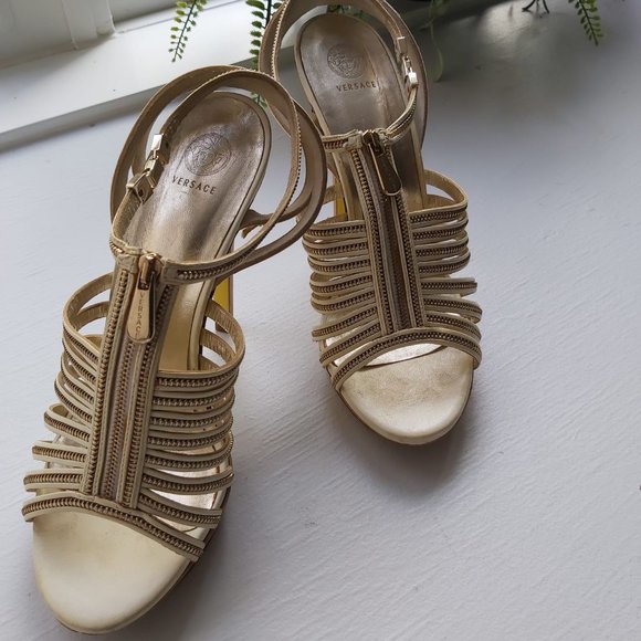 VERSACE Leather Gold Zip Cage Gladiator Sandal Heels size 39 - Picture 5 of 6